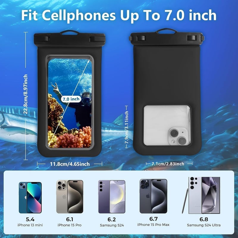 Foweroty Floatable Waterproof Phone Pouch Case 2 pax for iPhone 17 16 Pro Max/15/14/13/12, IP68 Travel Cellphone Dry Bag Beach Cruise Ship Essentials Bags with Crossbody Lanyard,Black and White-7″ - Image 3